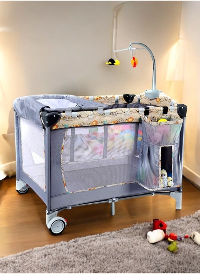 3 in 1 Foldable and Moveable Baby Crib, Playpen and Travel Playard with Bassinet, Music Toy Rack, Storage Pocket and Diaper Changing Table