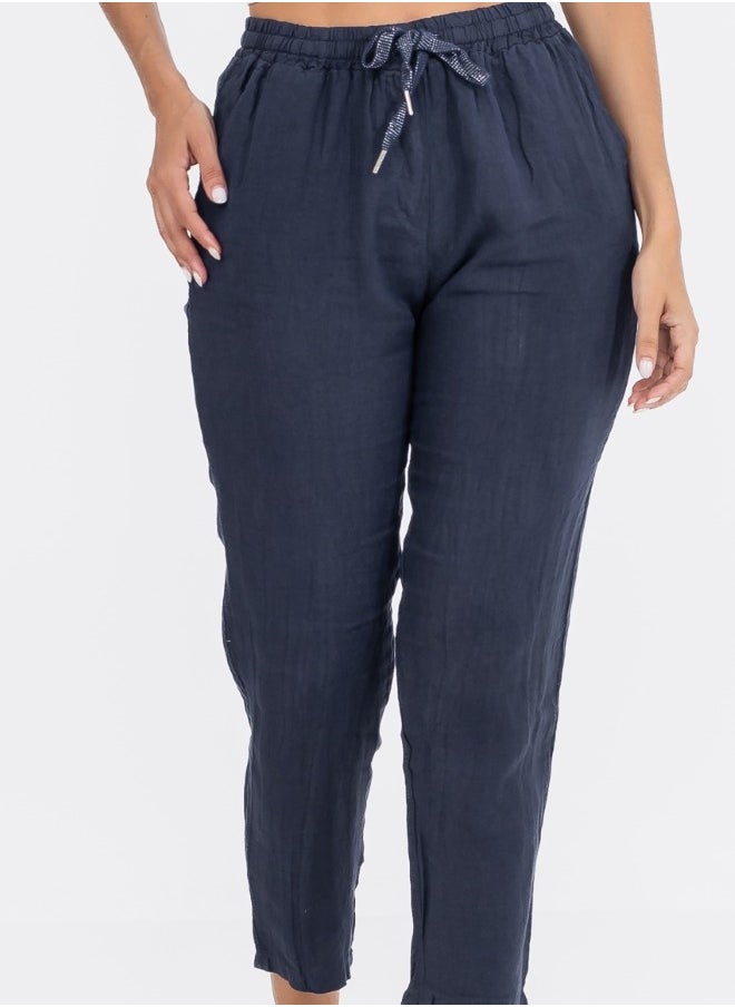 Stylish Navy Blue Women's Cropped Linen Pants with Drawstring Waist