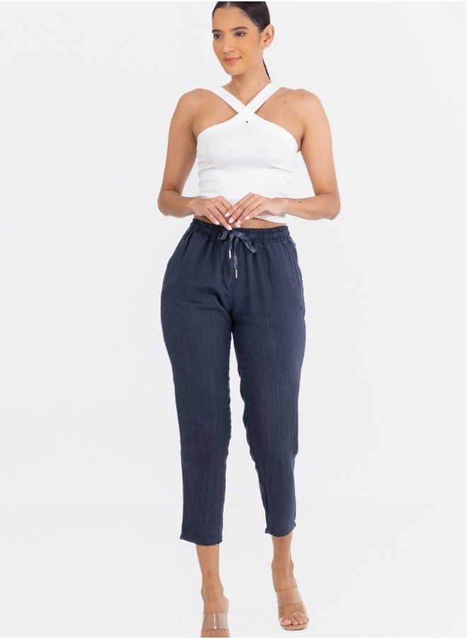 Stylish Navy Blue Women's Cropped Linen Pants with Drawstring Waist