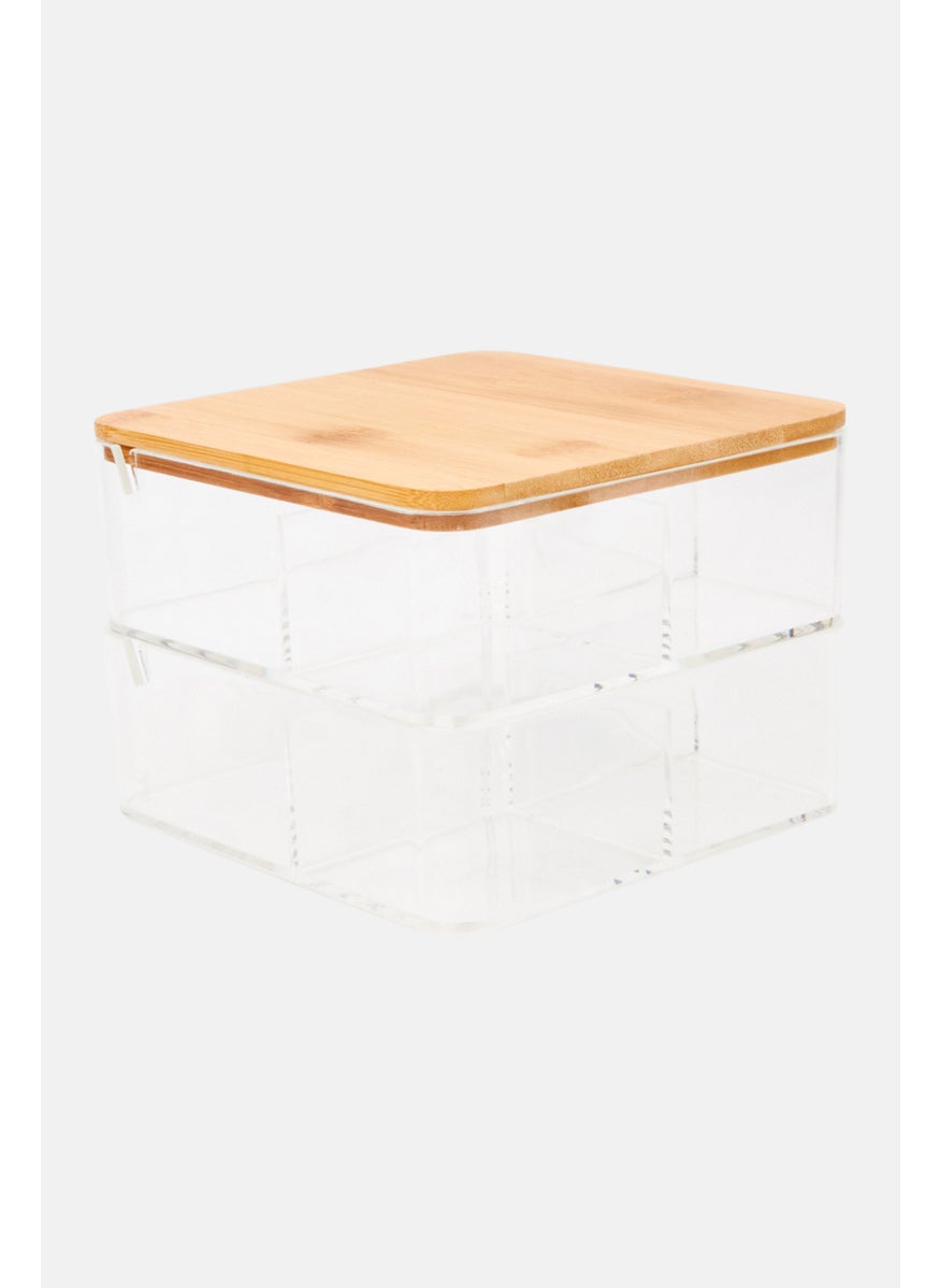 2 Tier Compact Organizer With Mirror And Bamboo Lid, Transparent