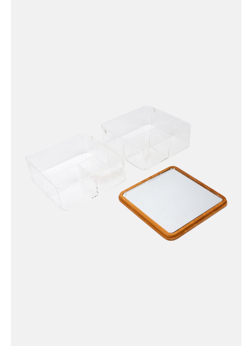 2 Tier Compact Organizer With Mirror And Bamboo Lid, Transparent