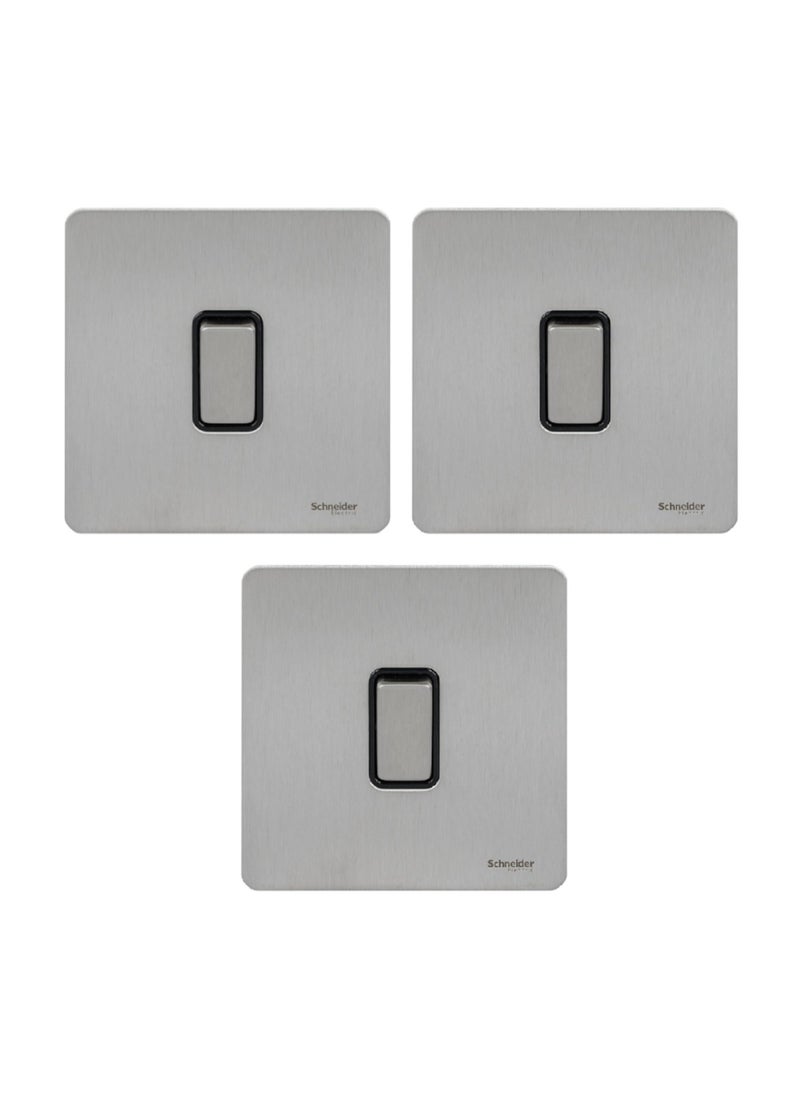 Schneider Electric Ultimate Screwless Flat Plate - Single Retractive 2 Way Light Switch, 16AX, GU1412RBSS, Stainless Steel with Black Insert - Pack of 3