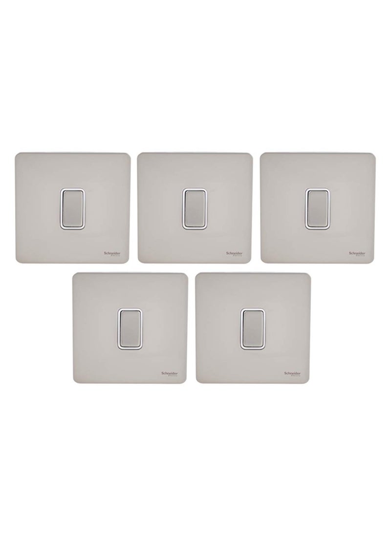 Schneider Electric Ultimate Screwless Flat Plate - Single Rocker 2 Way Light Switch, Single Pole, 16AX, GU1412WPN, Pearl Nickel with White Insert - Pack of 5