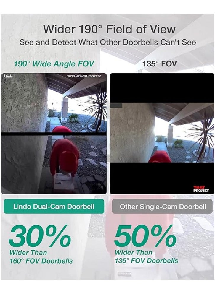 Pro Dual Camera Video Doorbell 2K with Chime, Free Video History, Over 190° Widest Field of View, 5MP Ultra HD Wireless Doorbell Camera, Triple Detection, 5-Min Installation, Battery Powered
