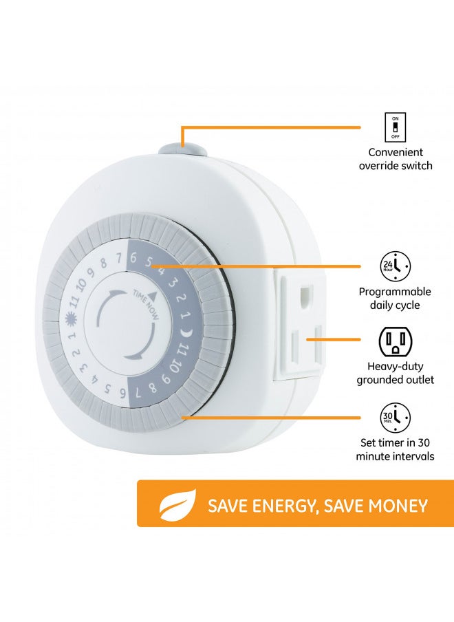 GE 24-Hour Heavy Duty Indoor Plug-In Mechanical Timer, 1 Grounded Outlet, 30 Minute Intervals, Daily On/Off Cycle, for Lamps, Portable Fans, Seasonal Lighting, Appliances and more, UL Listed, 15153