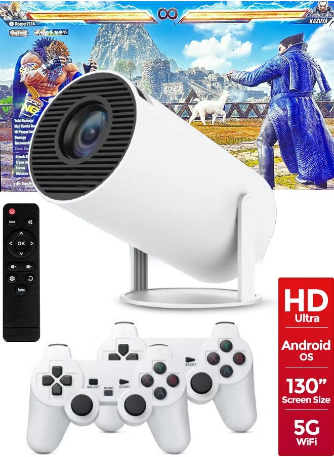 150ANSI Lumens HD Smart Projector With 2 Game Consoles HY300 MAX 2.4/5G WiFi Android 12.0 Portable Mini Cinema Ultra HD Gaming Projector 130 Inches Screen Display Lamp 4K 1080P Home Movie Theatre Gaming Video Presentations Home Entertainment 180 Degree Rotating Screen Mobile Phone Projection 10K Built In Games-White