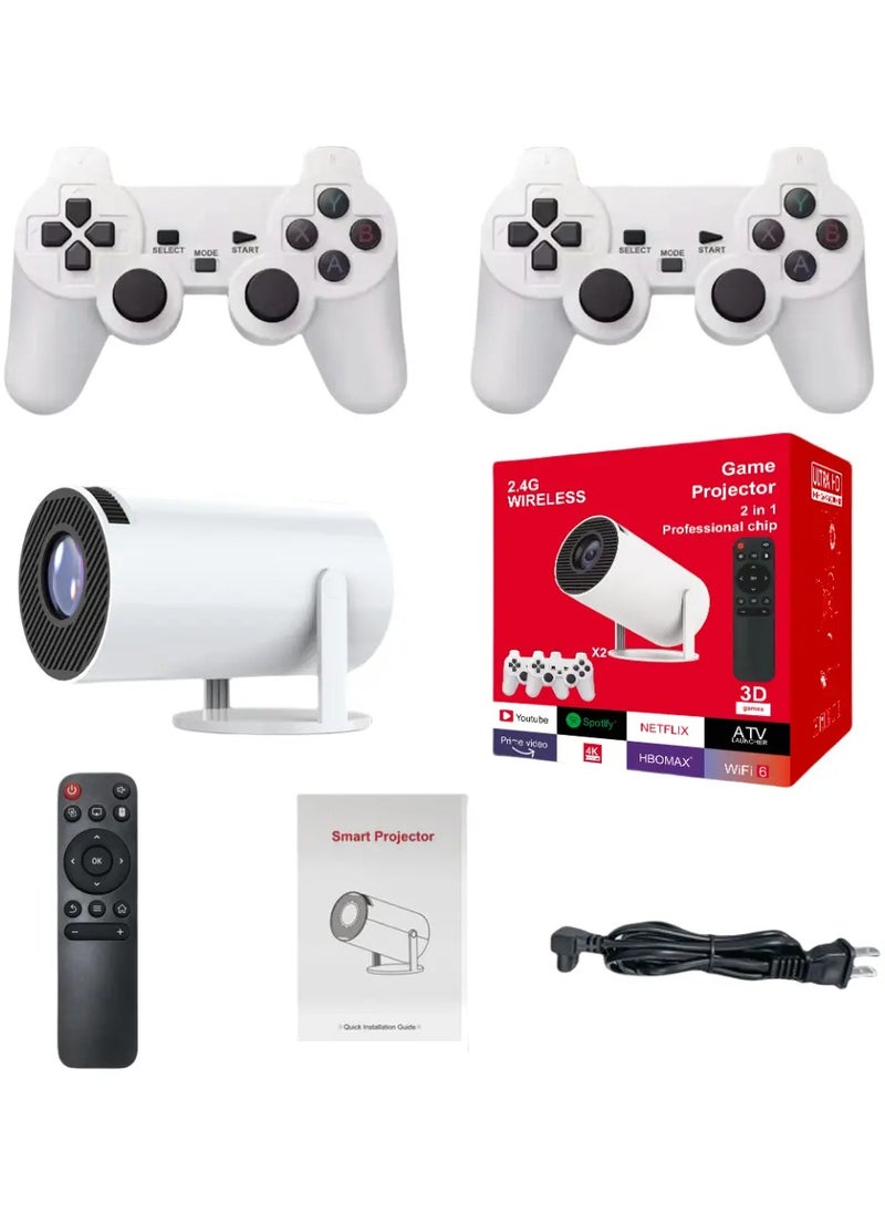 High resolution projector  It features Smart Android system  Plus 10,260 pre-loaded games  Supports Wi-Fi  Accessories: 2 game controllers  1 remote control for settings  1 power cable