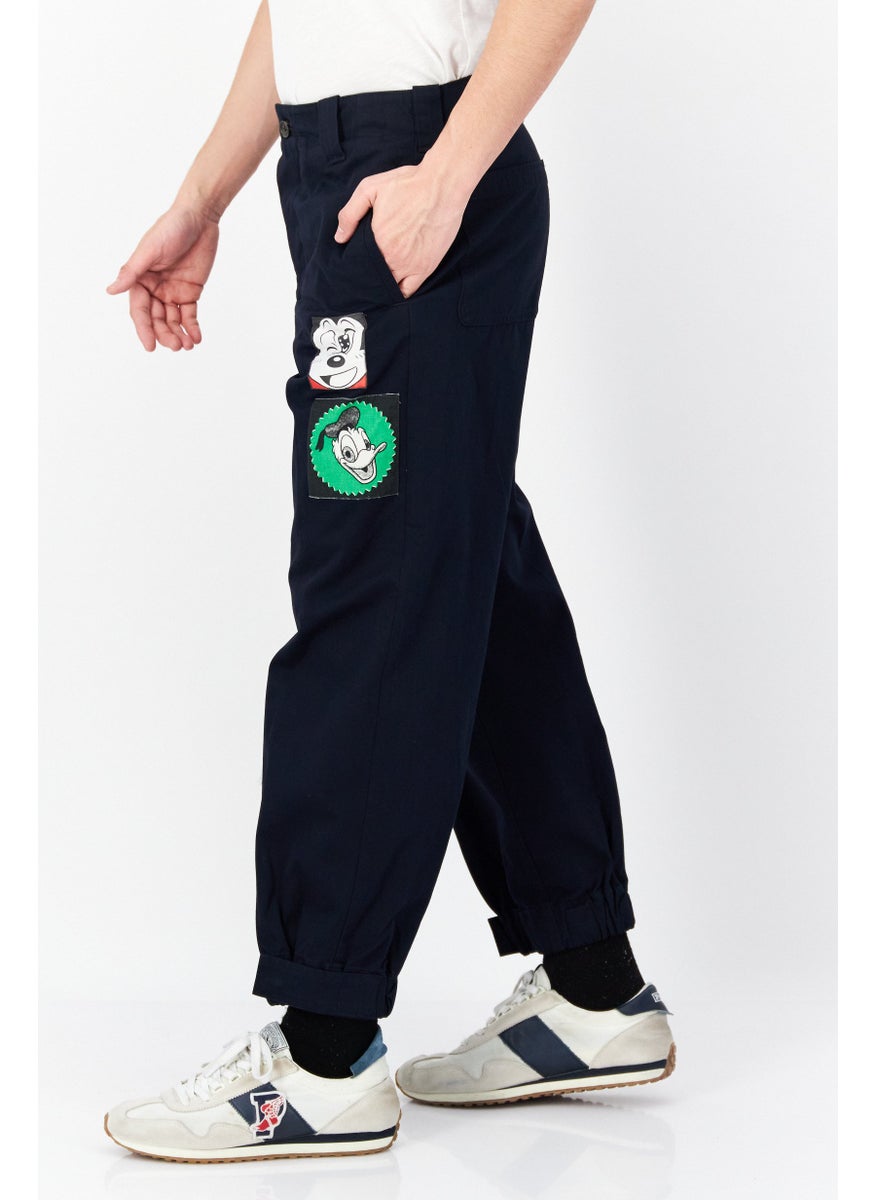Men Regular Fit Patch Straight Pants, Navy Blue