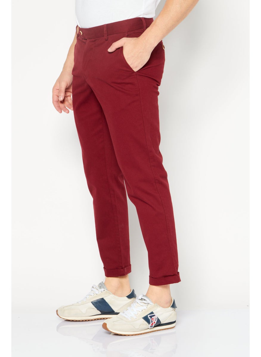 Men Regular Fit Plain Chino Pants, Dark Red