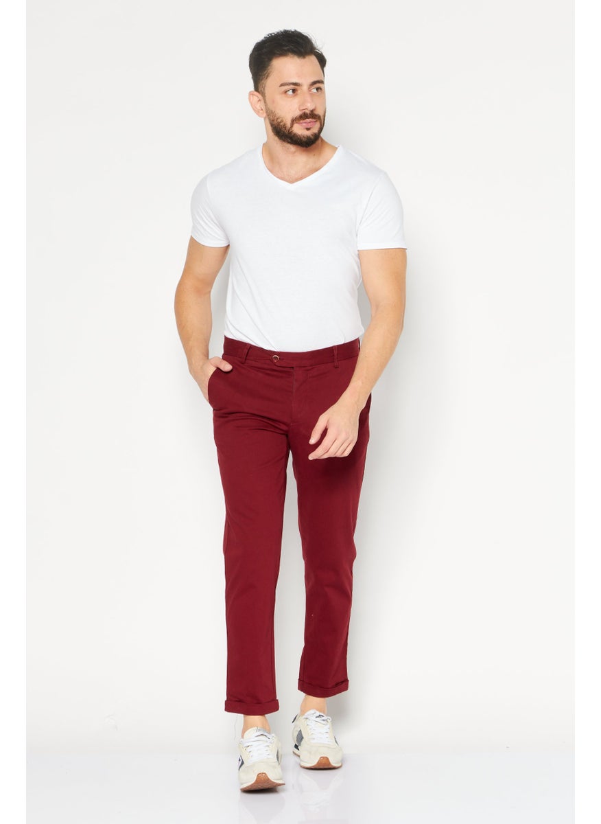 Men Regular Fit Plain Chino Pants, Dark Red