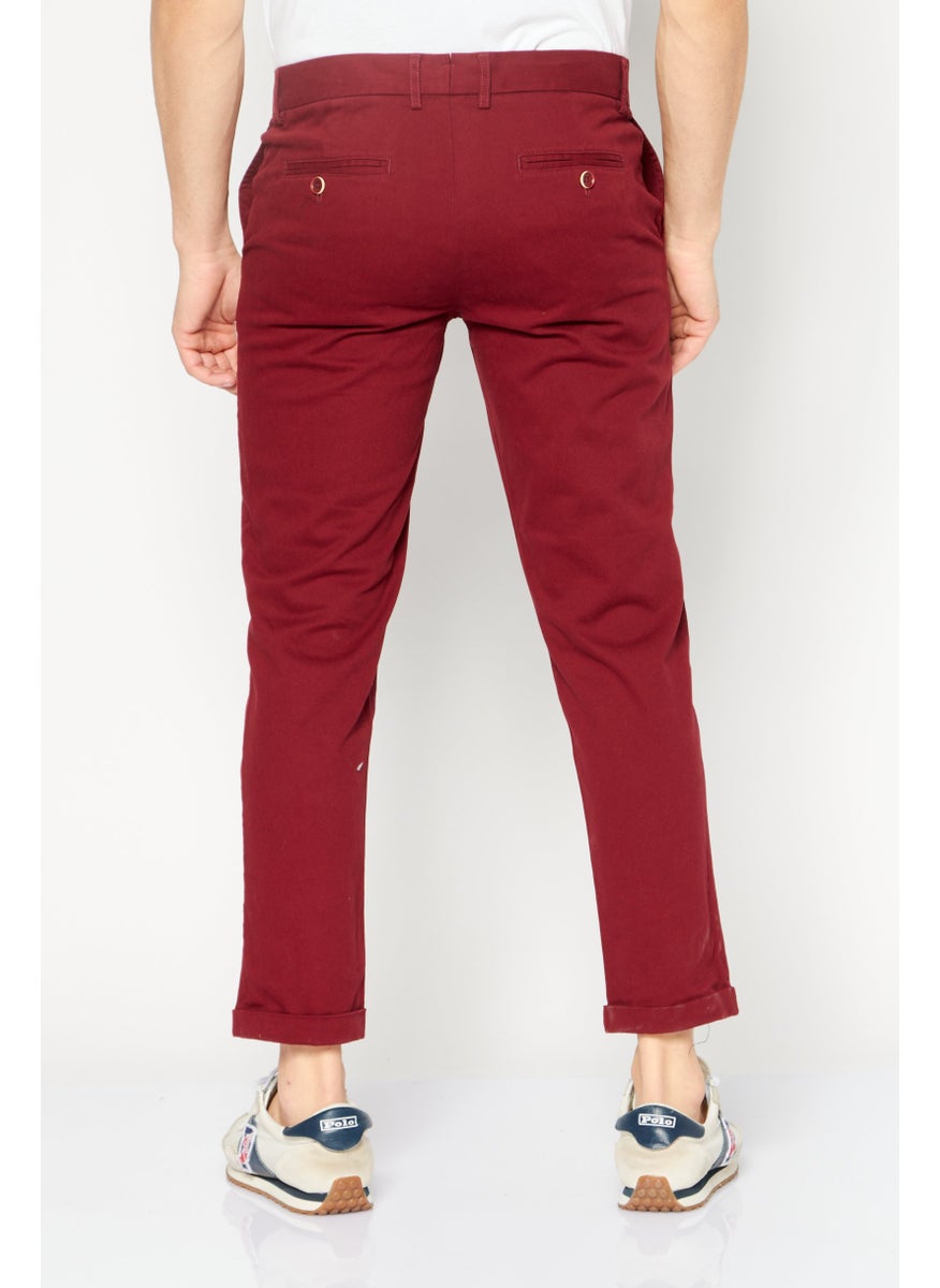 Men Regular Fit Plain Chino Pants, Dark Red