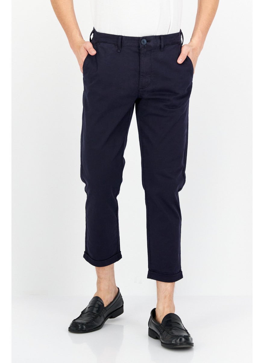 Men Regular Fit Plain Straight Leg Pants, Navy Blue