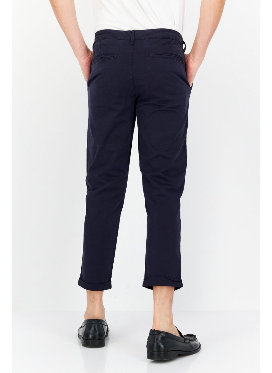 Men Regular Fit Plain Straight Leg Pants, Navy Blue