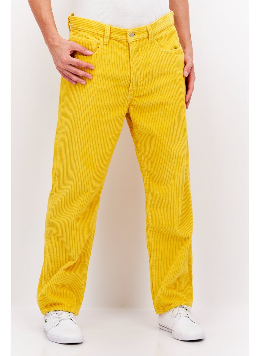 Men Regular Fit Textured Corduroy Pants, Yellow