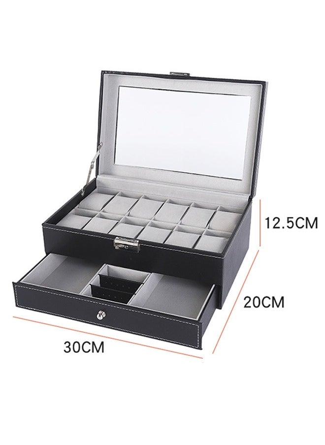 2-Layer Watch Box With Jewelry Organizer Drawer, 12-Slot Pu Leather Watch Collection Box With Glass Lid And Removable Pillow