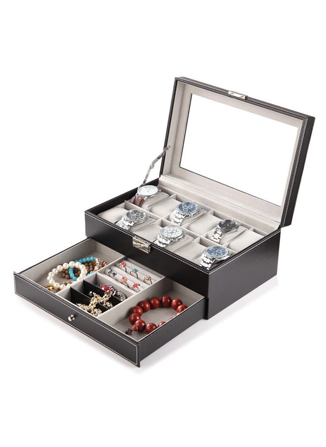 2-Layer Watch Box With Jewelry Organizer Drawer, 12-Slot Pu Leather Watch Collection Box With Glass Lid And Removable Pillow