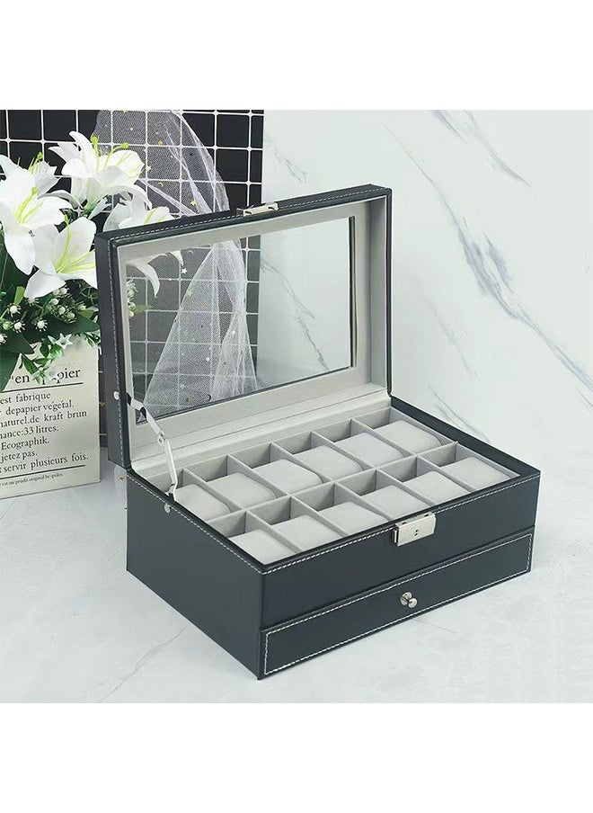 2-Layer Watch Box With Jewelry Organizer Drawer, 12-Slot Pu Leather Watch Collection Box With Glass Lid And Removable Pillow