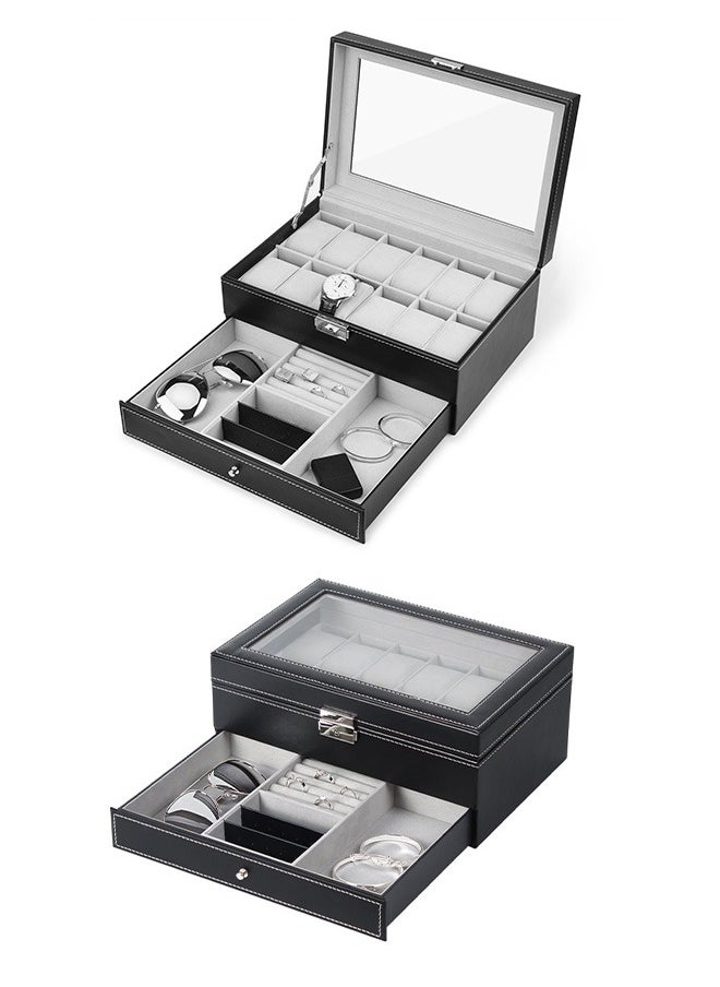 2-Layer Watch Box With Jewelry Organizer Drawer, 12-Slot Pu Leather Watch Collection Box With Glass Lid And Removable Pillow