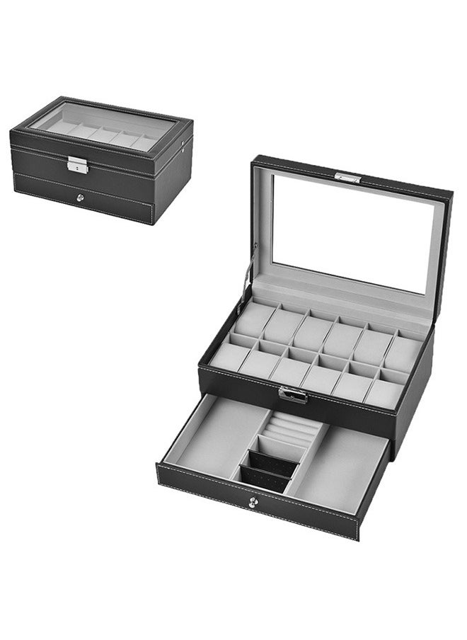 2-Layer Watch Box With Jewelry Organizer Drawer, 12-Slot Pu Leather Watch Collection Box With Glass Lid And Removable Pillow