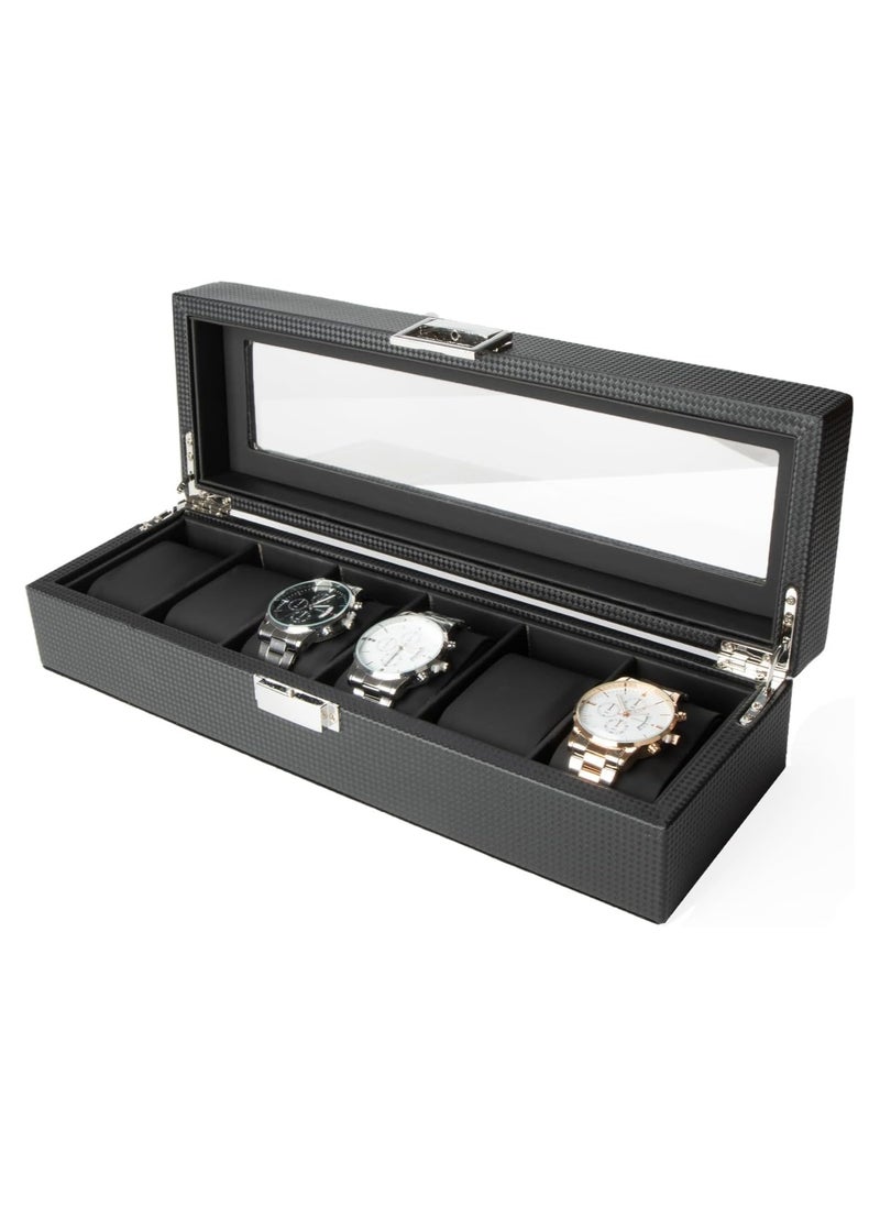 6 Slot Watch Box Organizer, Fiber Wood Display Case with Glass Lid, for Watch Storage & Jewelry Display