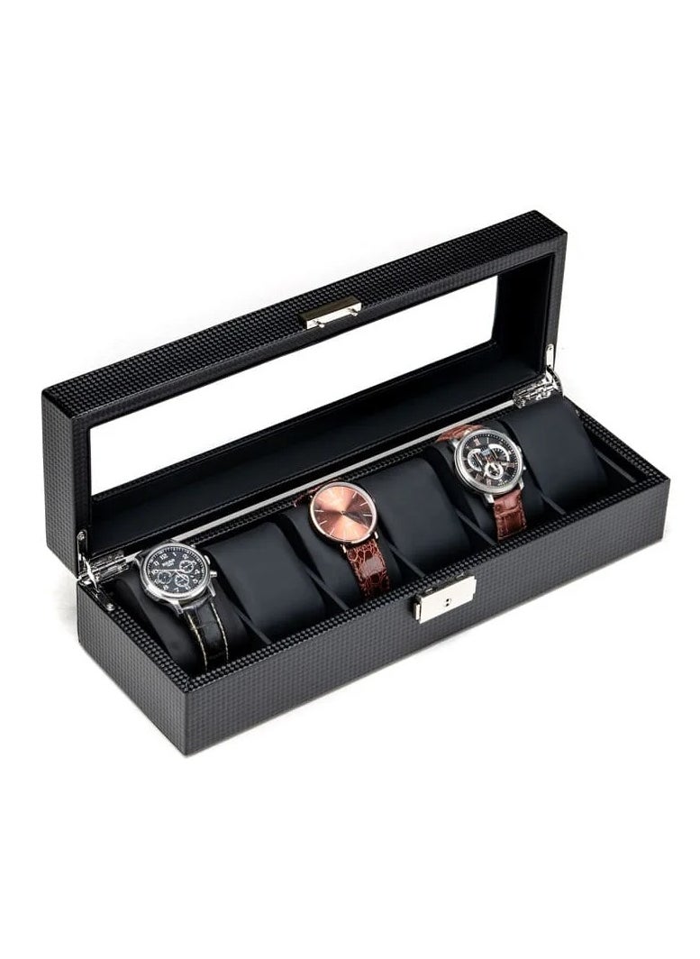 6 Slot Watch Box Organizer, Fiber Wood Display Case with Glass Lid, for Watch Storage & Jewelry Display