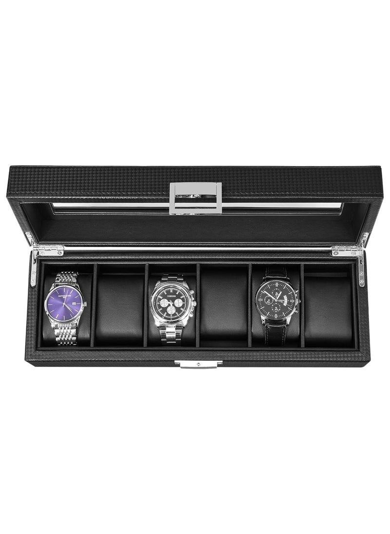 6 Slot Watch Box Organizer, Fiber Wood Display Case with Glass Lid, for Watch Storage & Jewelry Display