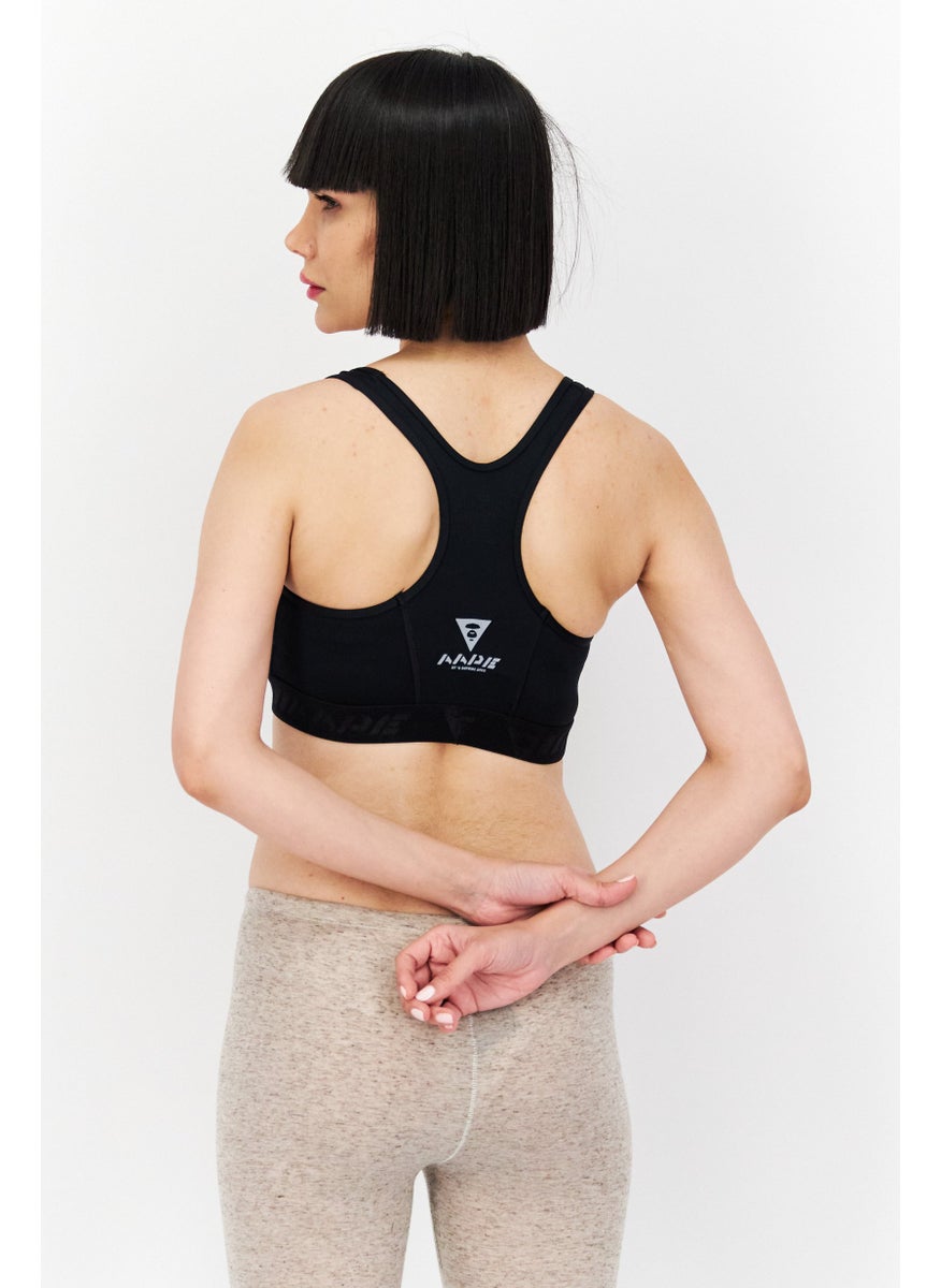 Women Padded Brand Logo Sport Bra,  Black