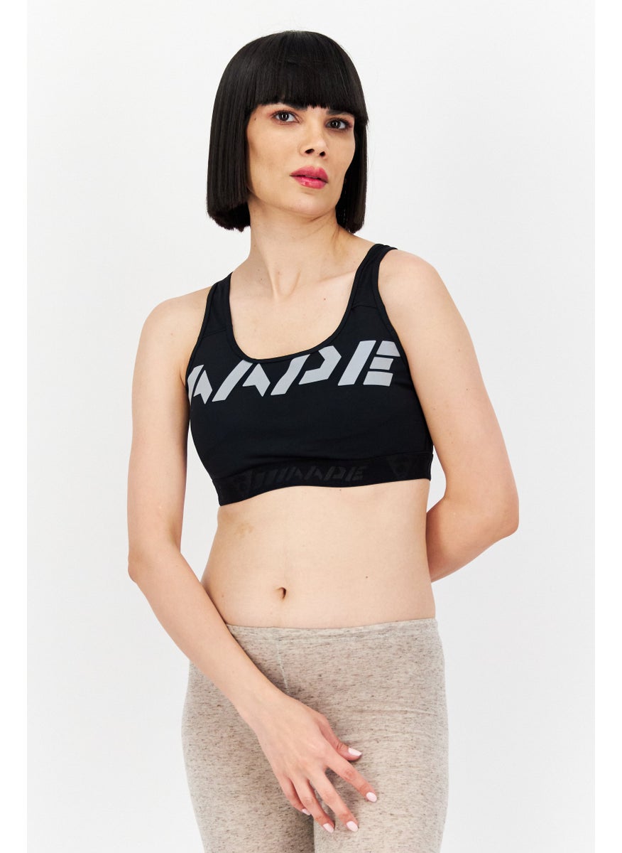 Women Padded Brand Logo Sport Bra,  Black