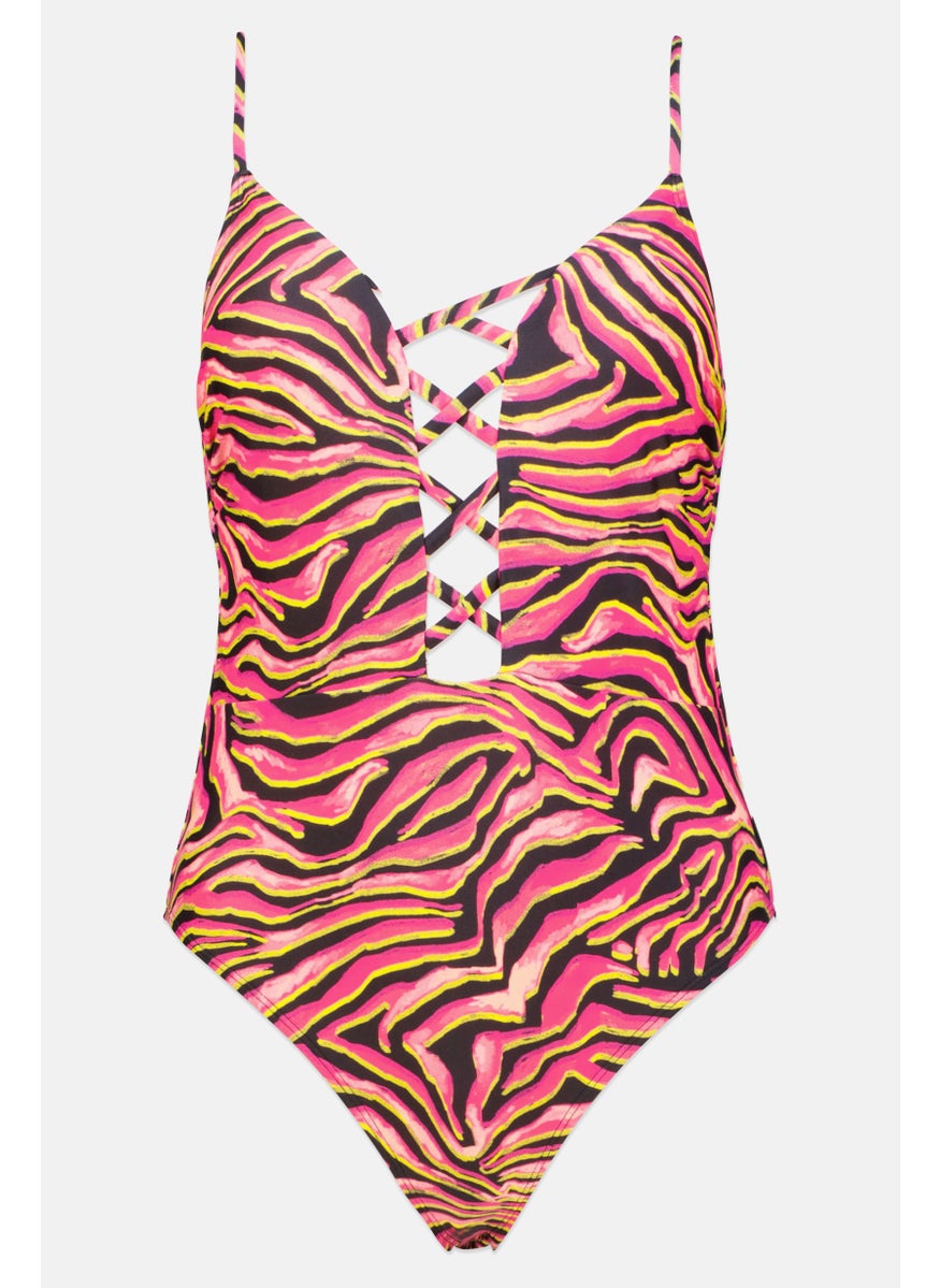 Women Animal Printed One Piece Swimwear, Pink Combo