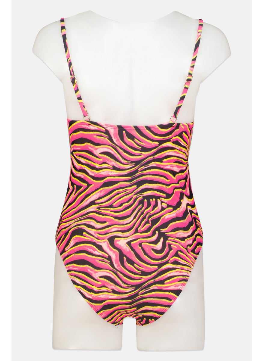 Women Animal Printed One Piece Swimwear, Pink Combo