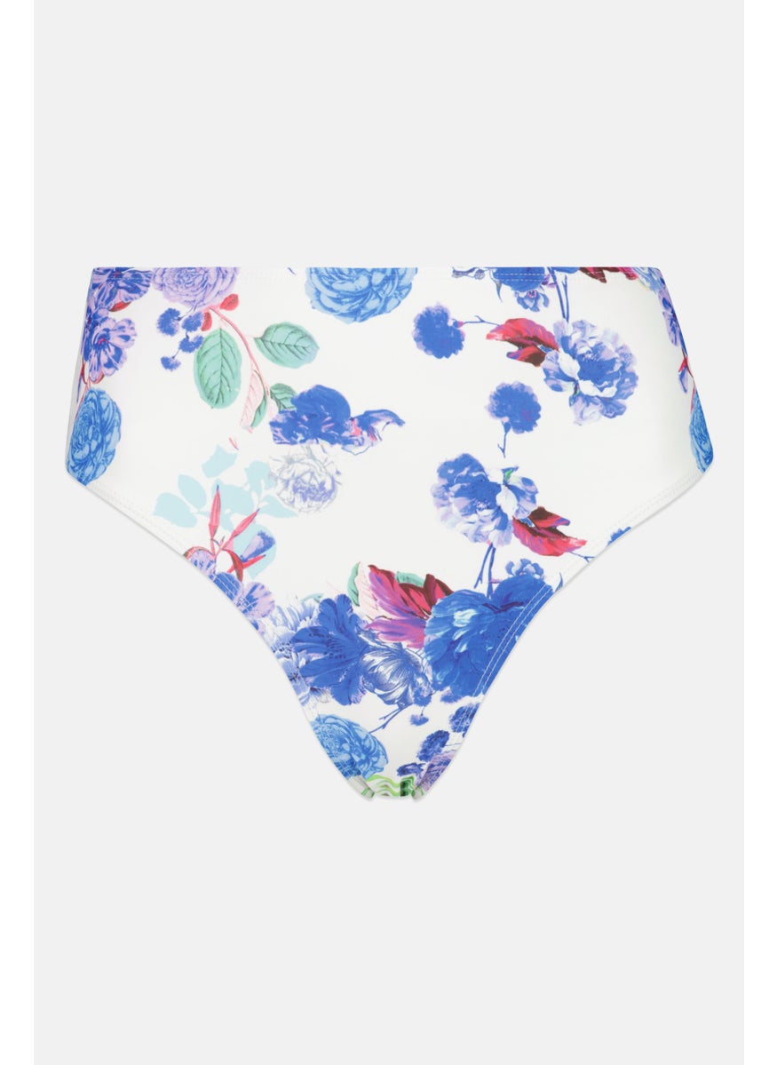 Women Floral Print Pull On Bikini Bottom, White/Blue Combo