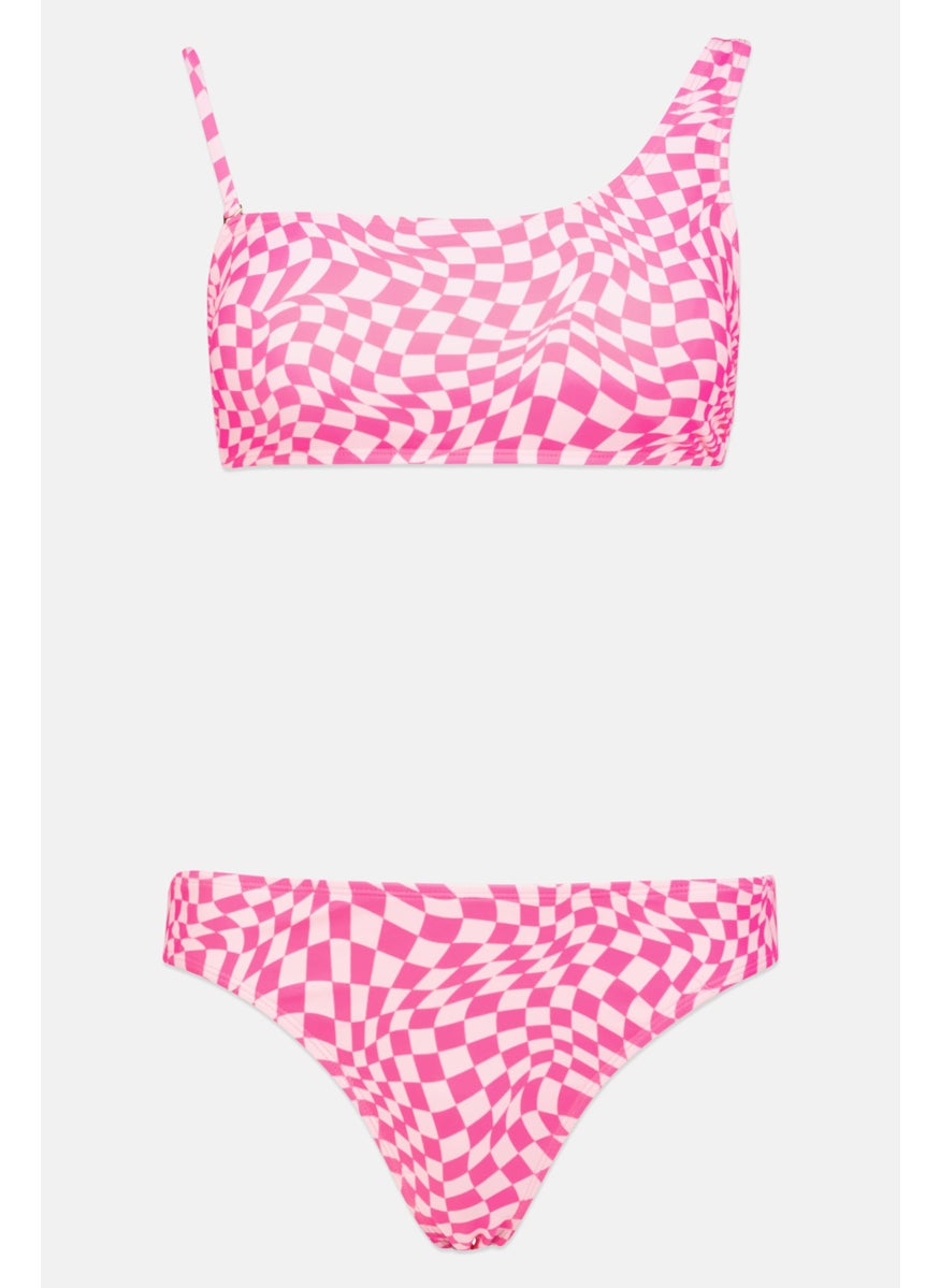 Women 2 Pcs Wavy Checks Padded Bikini Top and Bottom Set, Pink Combo