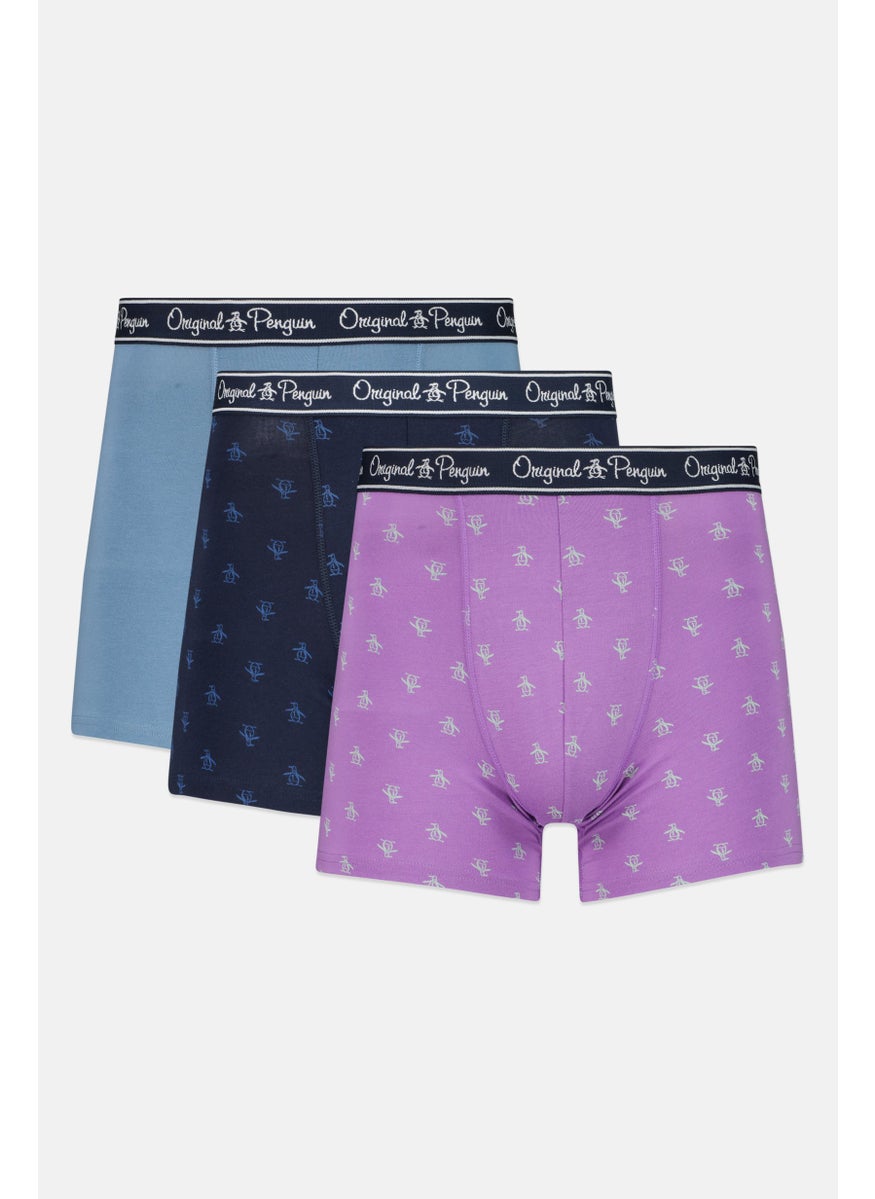 Men 3 Pieces All Over Print Boxer Briefs, Navy/Lilac/Steel Blue