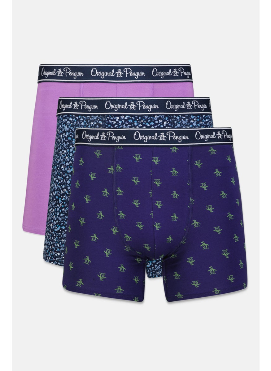 Men 3 Pieces All Over Print Boxer Briefs, Navy/Purple/Lilac