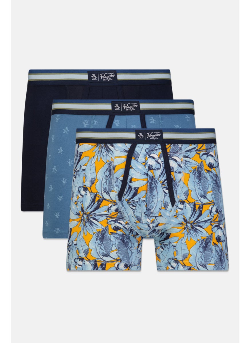 Men 3 Pc Allover Printed Boxer Briefs, Blue Combo