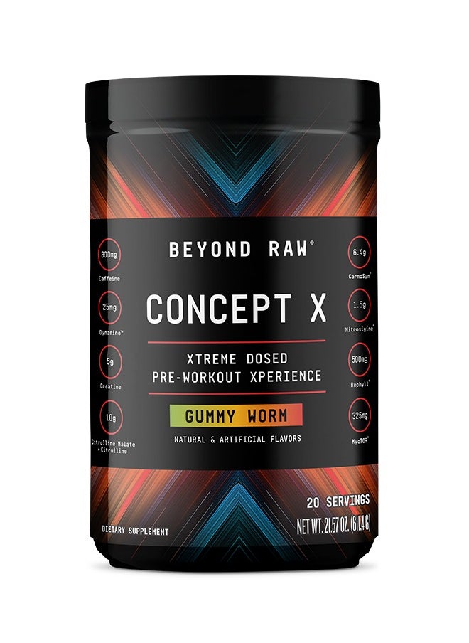 BEYOND RAW Concept X | Clinically Dosed Pre-Workout Powder | Contains Caffeine, L-Citrulline, Creatine, and Beta-Alanine | Gummy Worm | 20 Servings