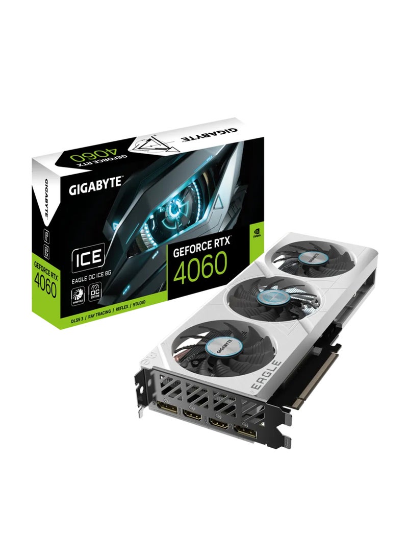 GeForce RTX 4060 EAGLE OC ICE Graphics Card – 8GB GDDR6, 2505 MHz Boost, 17 Gbps Memory, 3072 CUDA Cores, PCIe 4.0, Dual DP & HDMI, Advanced Cooling & RGB Lighting, 4K Gaming, Ray Tracing & DLSS – Ultimate Performance for Gamers | GV-N4060EAGLEOCICE-8GD White