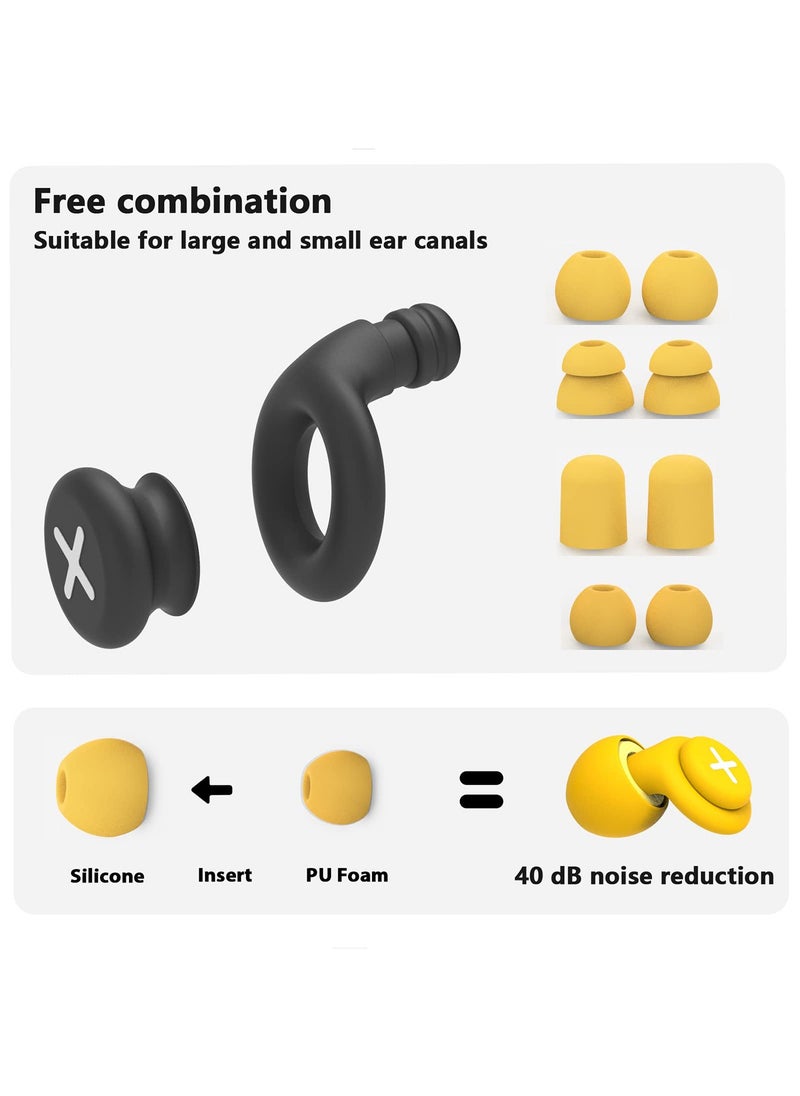 Noise Reduction Ear Plugs-40 dB Noise Cancelling Reusable Hearing Protection in Flexible Silicone for Sleeping, Traveling, Concerts, Work & Swimming,3 Wearing Styles, Yellow
