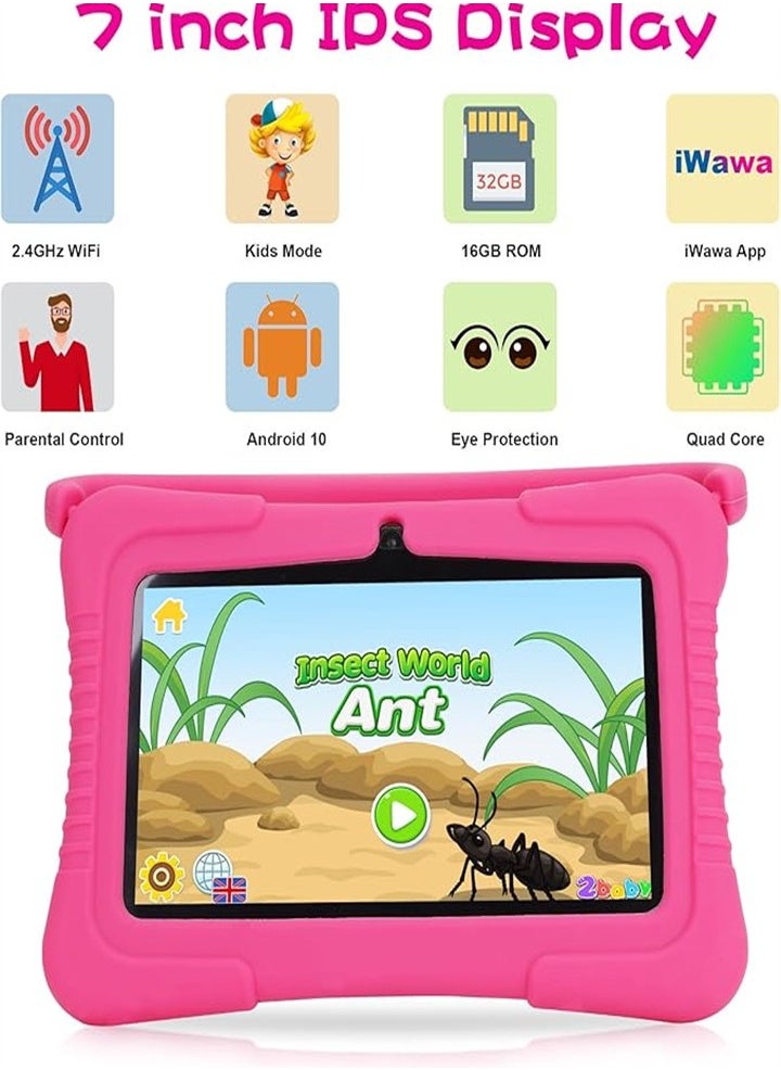 7 Inch Kids Android Tablet, 1GB Ram 16GB Storage, Toddler Tablet with IPS Screen, Parental Control, Bluetooth, WiFi, Child Proof Case with Stand, Learning