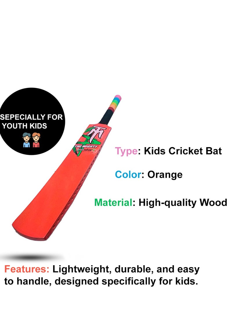 **Kids' Wooden Cricket Bat with protective cover for Tennis and Softball Play** Orange color Edition Best for kids Champ