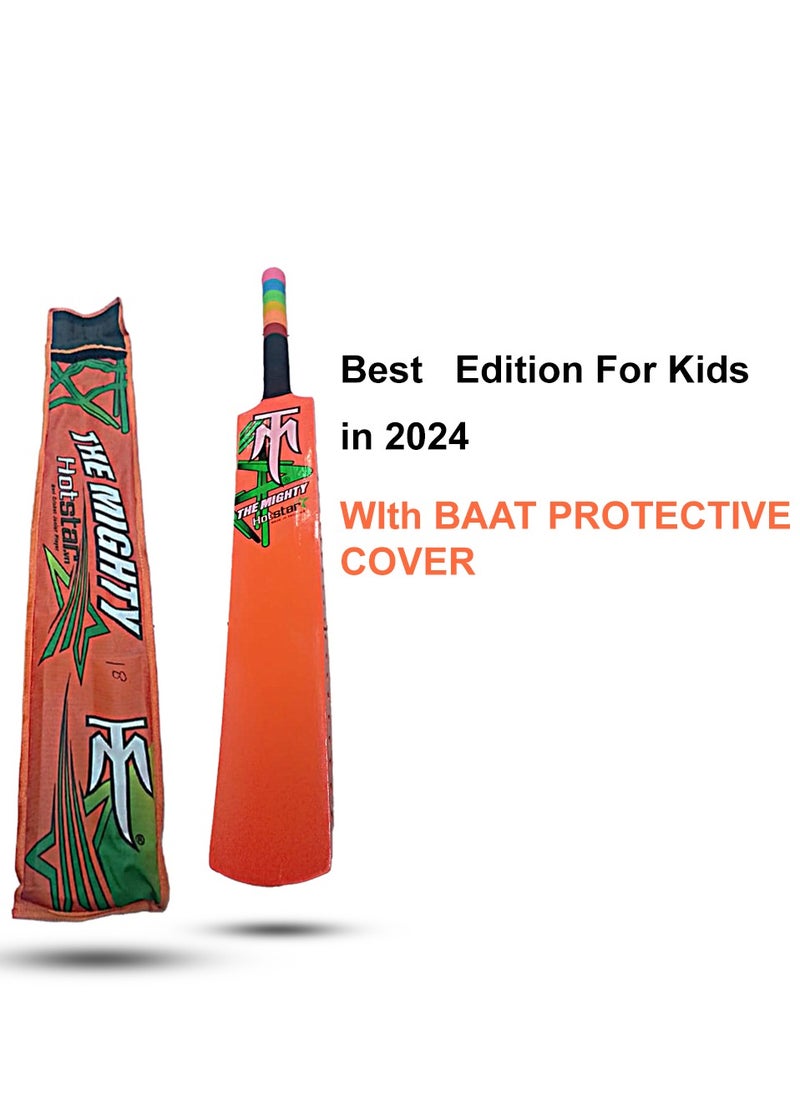 **Kids' Wooden Cricket Bat with protective cover for Tennis and Softball Play** Orange color Edition Best for kids Champ