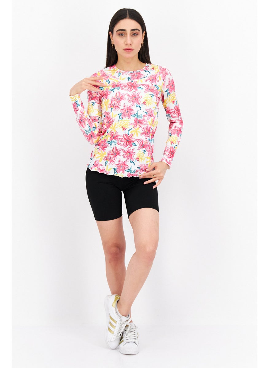 Women Sportswear Fit Floral Print Long Sleeve Training Top, Pink Combo