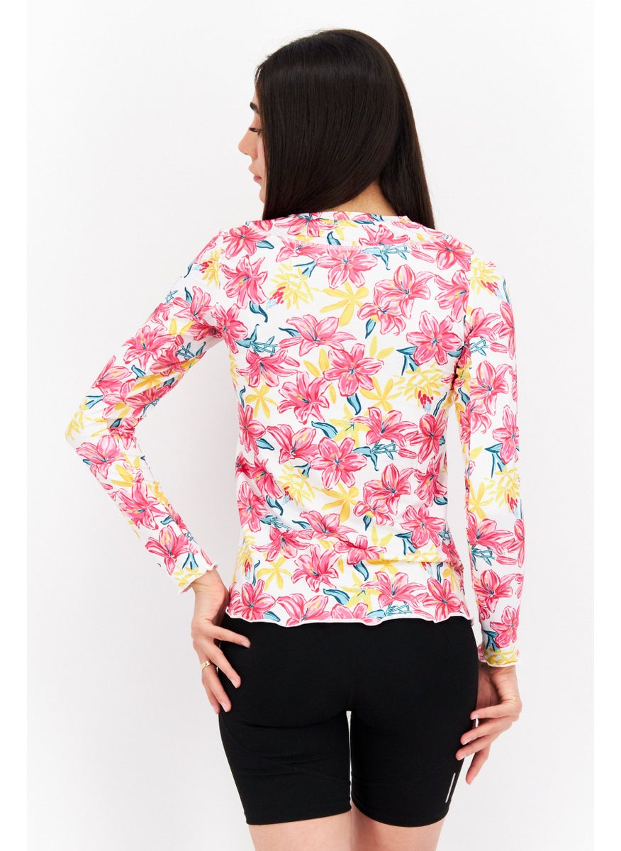 Women Sportswear Fit Floral Print Long Sleeve Training Top, Pink Combo