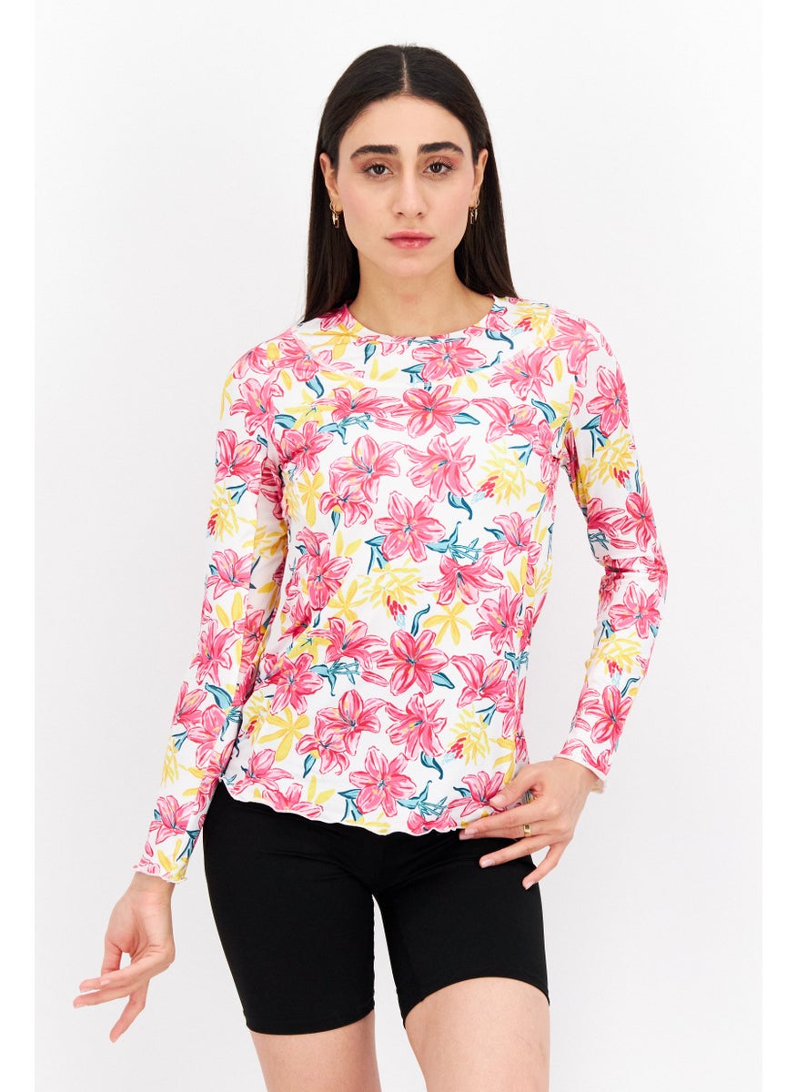 Women Sportswear Fit Floral Print Long Sleeve Training Top, Pink Combo