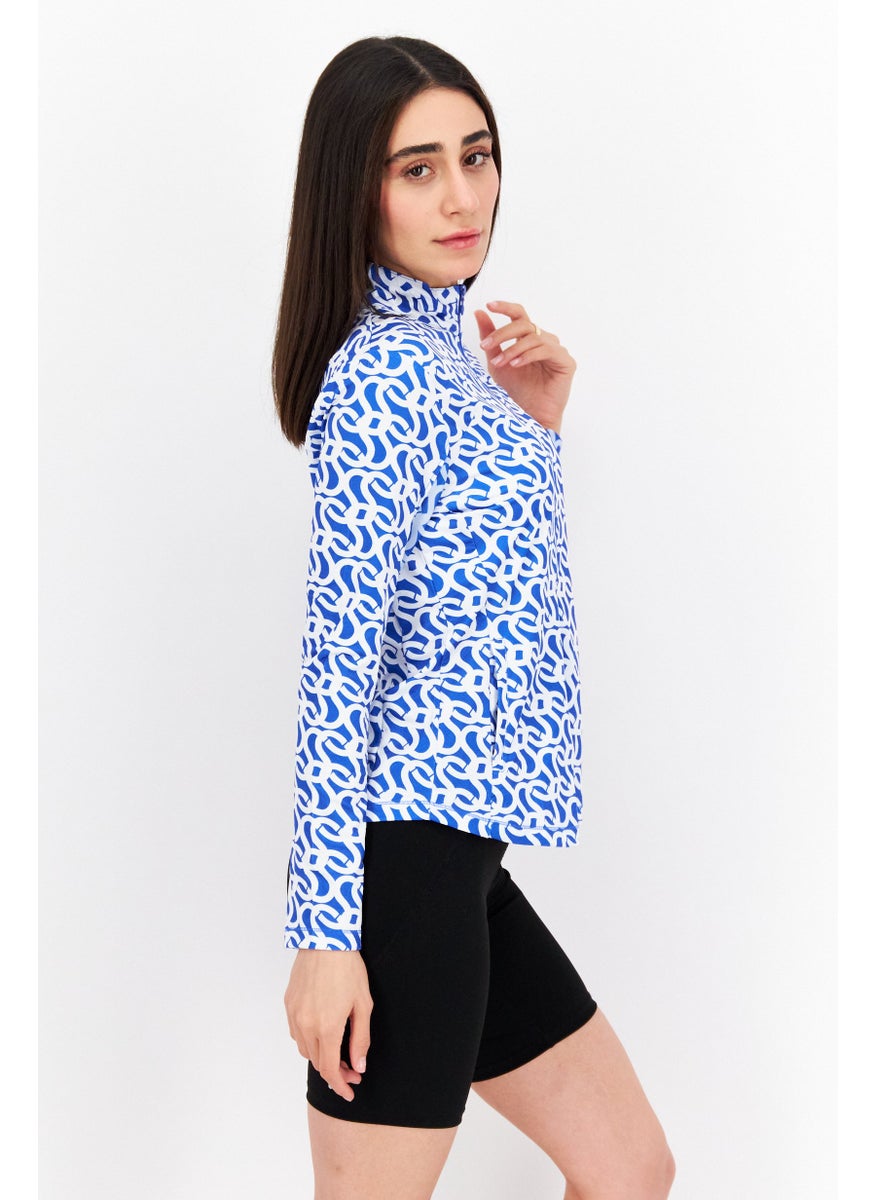 Women Sportswear Fit Allover Print Long Sleeve Training Top, Blue/White