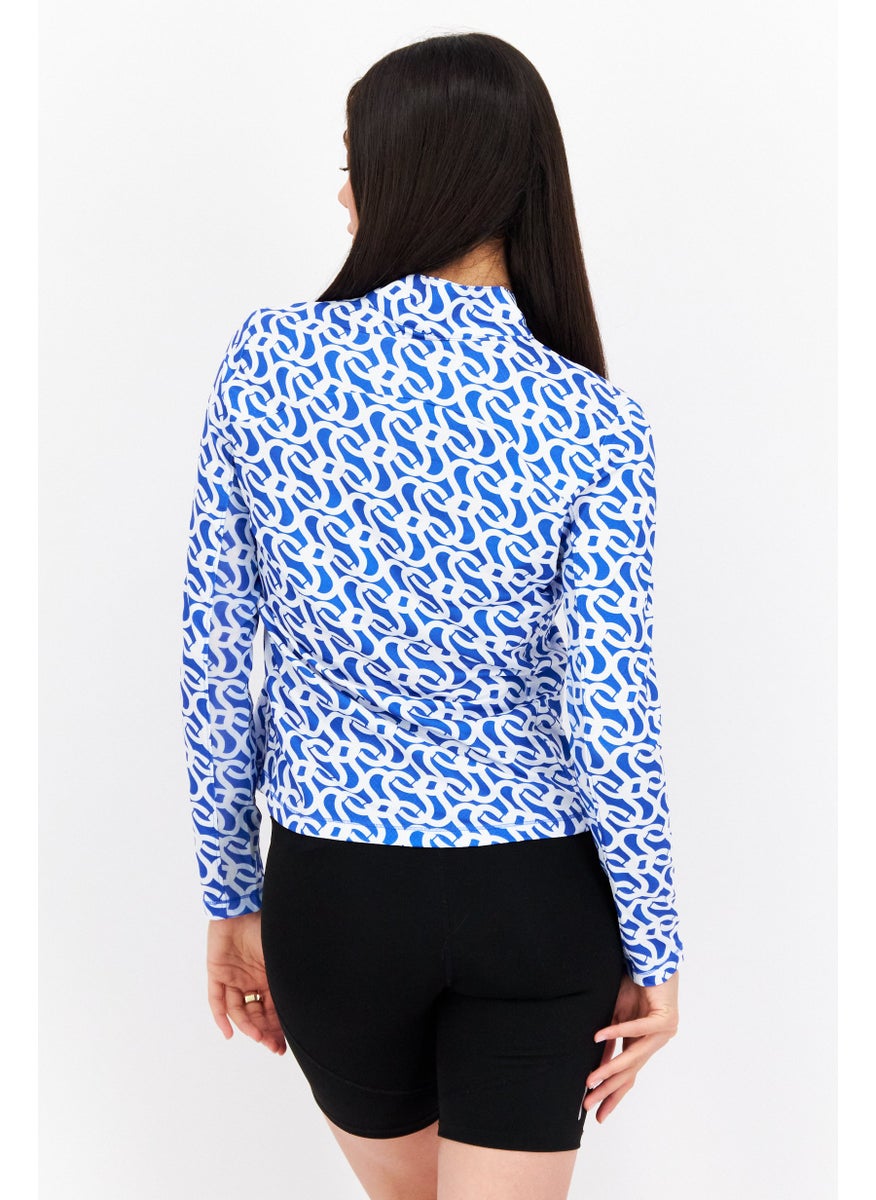 Women Sportswear Fit Allover Print Long Sleeve Training Top, Blue/White