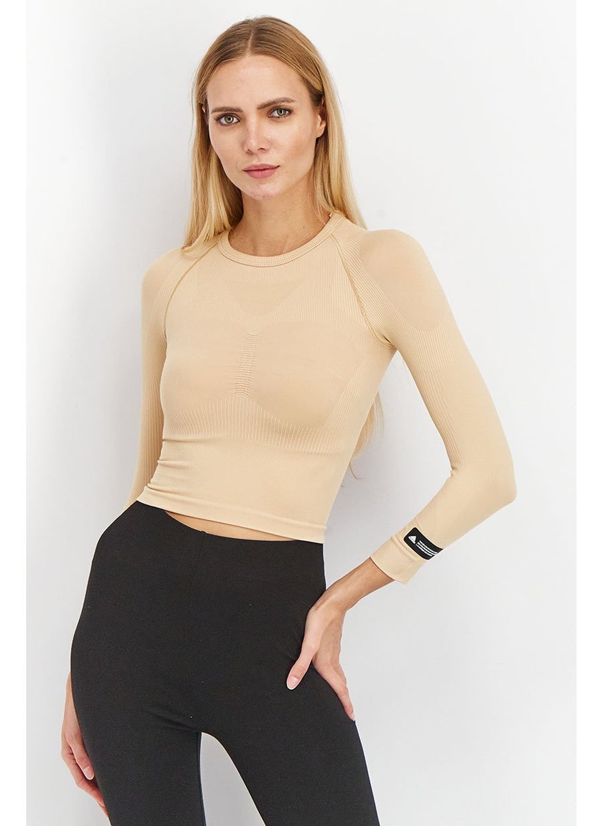 Women Sportswear Fit Long Sleeve Textured Top, Beige