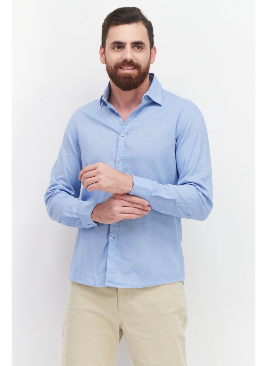 Men Regular Fit Plain Long Sleeve Casual Shirts, Blue
