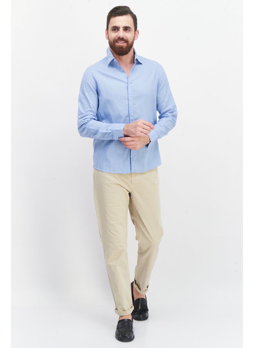 Men Regular Fit Plain Long Sleeve Casual Shirts, Blue
