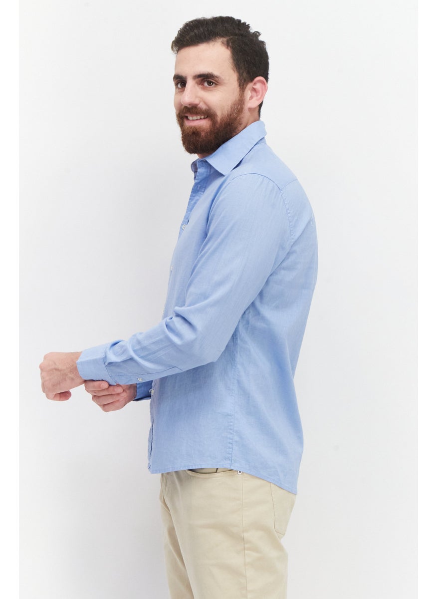 Men Regular Fit Plain Long Sleeve Casual Shirts, Blue